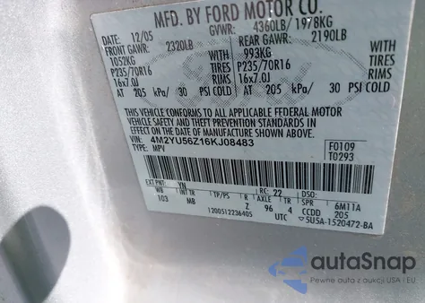 2006 Mercury Mariner Convenience z USA, uszkodzony, nr VIN 4M2YU56Z16KJ08483